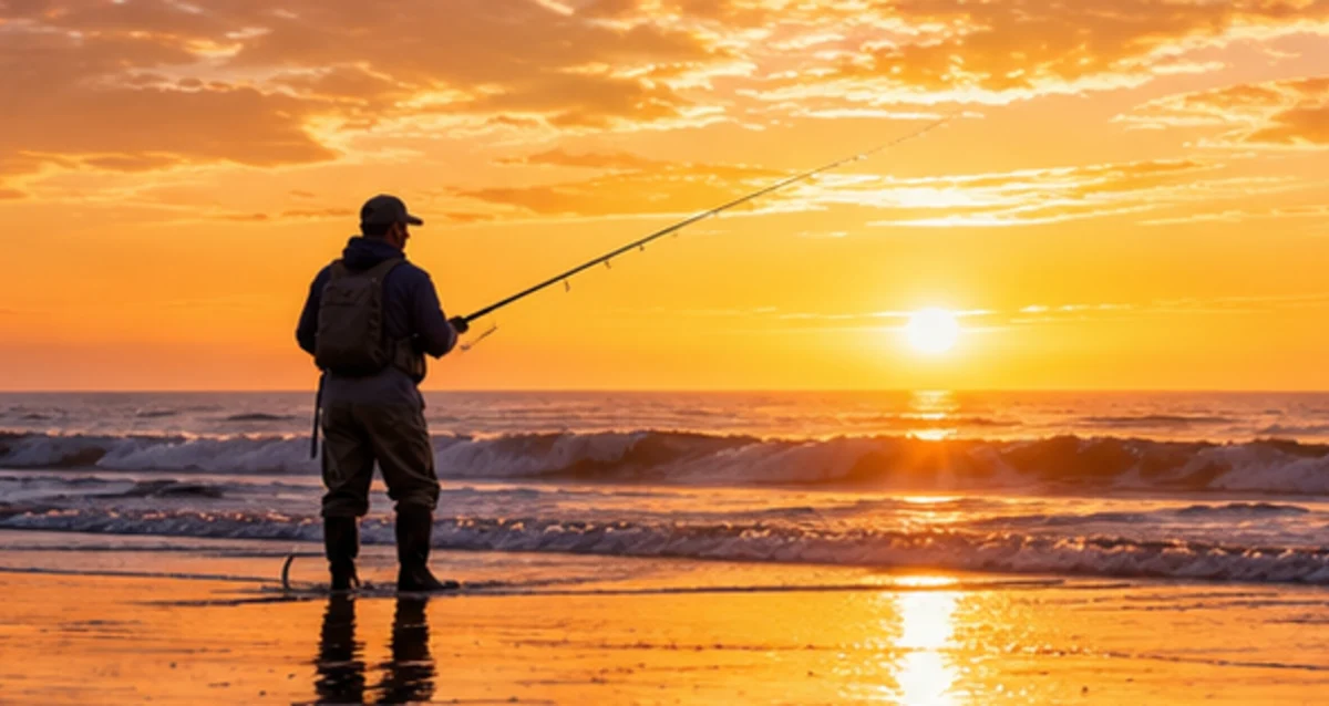 Angler surf fishing at a glowing ocean sunset