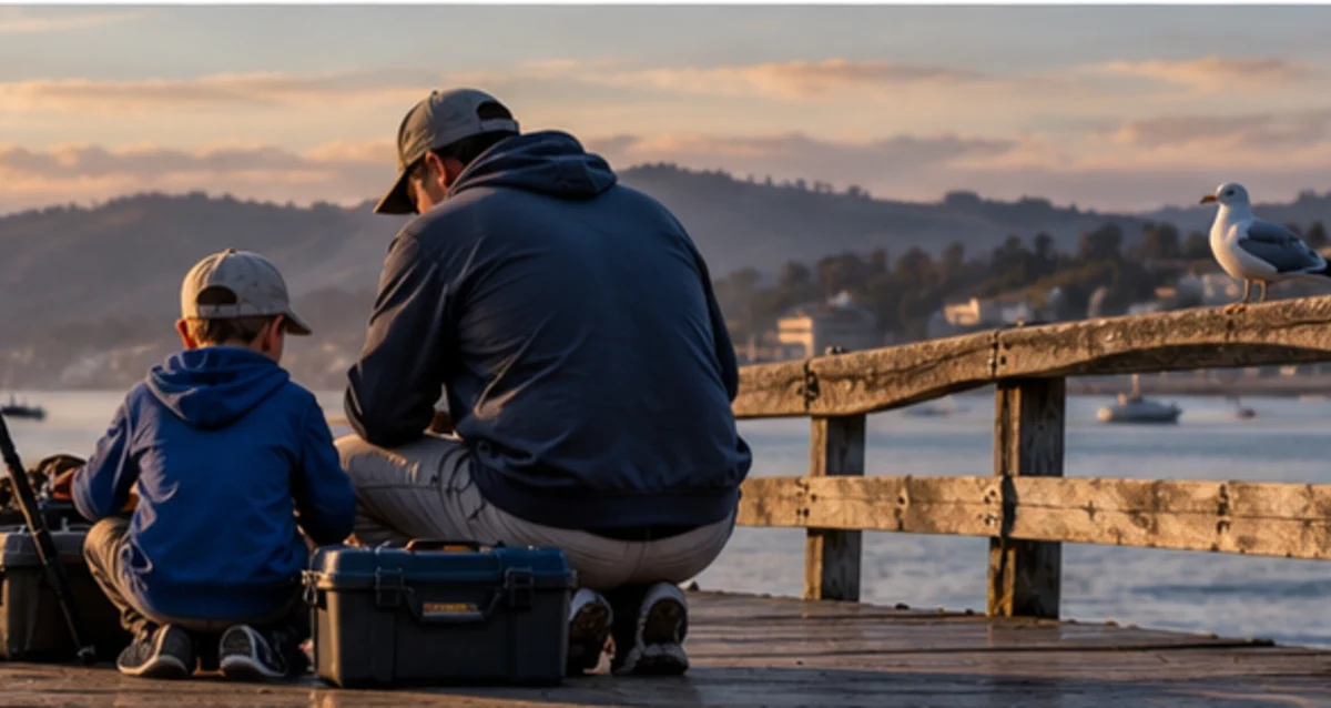Adult and child preparing fishing gear together on a coastal pier