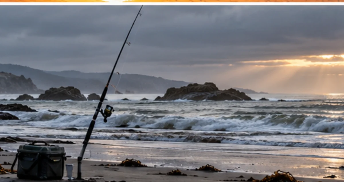 Fishing rod and tackle beside a quiet rocky beach under dramatic clouds