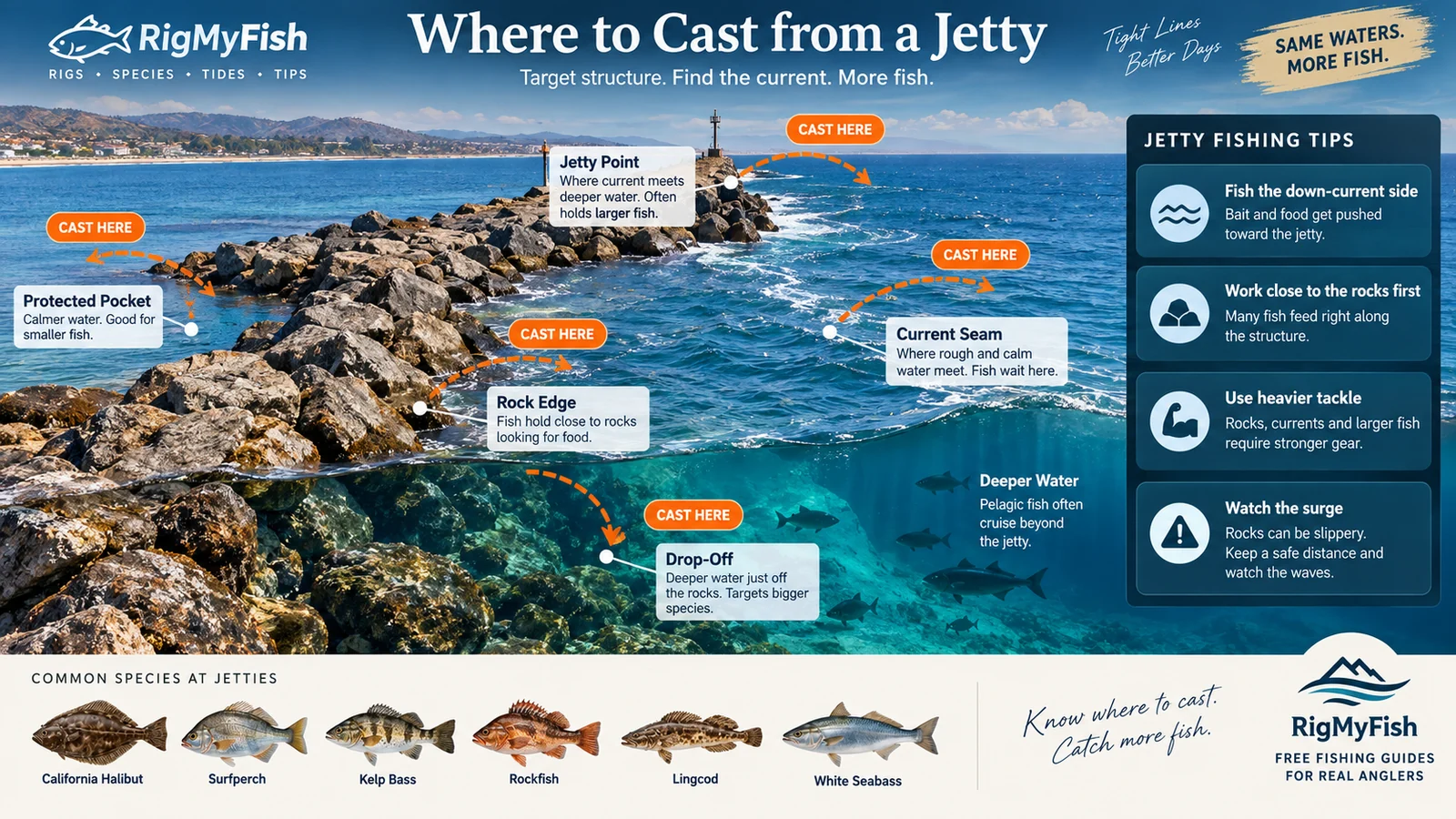 Visual jetty fishing guide showing rock edges, current seam, protected pocket, drop-off, and jetty point