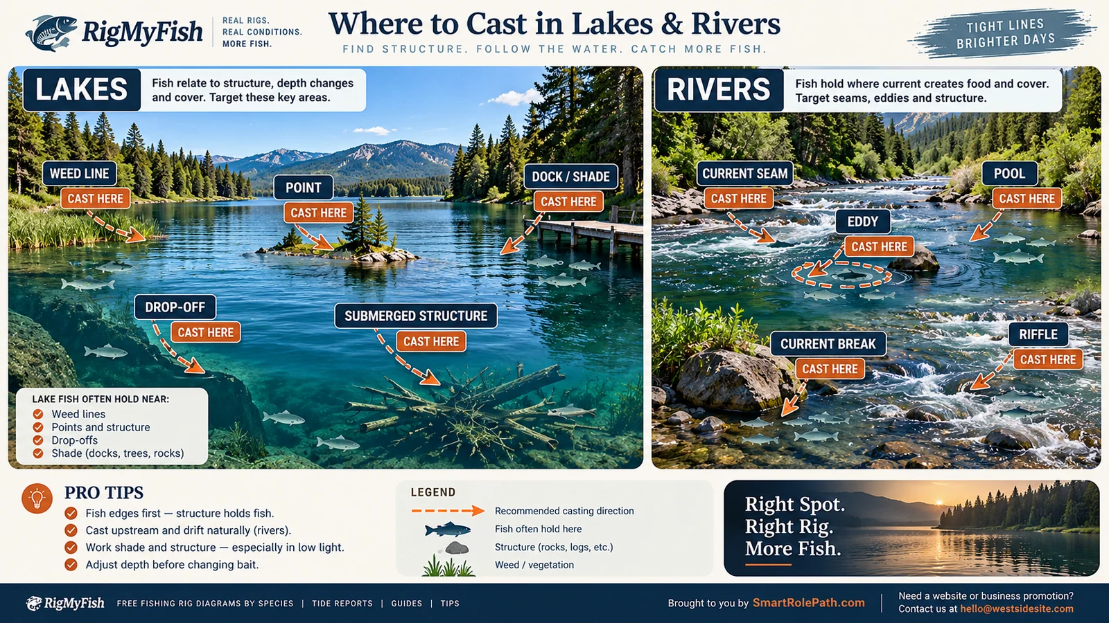Visual freshwater fishing guide showing lake structure and river current features with suggested casting zones