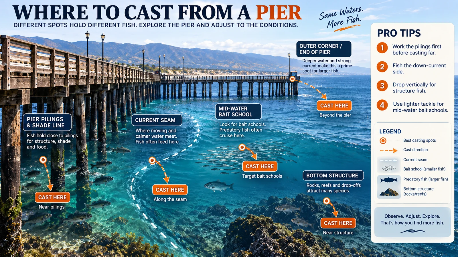 Visual pier fishing guide showing pilings, current seams, bait schools, outer corner, and bottom structure